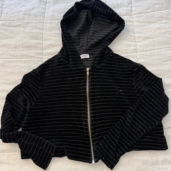 LESET Tops - LESET Black and White Striped Cropped Hoodie